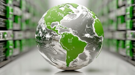 Poster - Holographic Earth in Server Hub, a dynamic 3D representation of the planet surrounded by global streaming icons, showcasing a vibrant digital environment and connectivity.