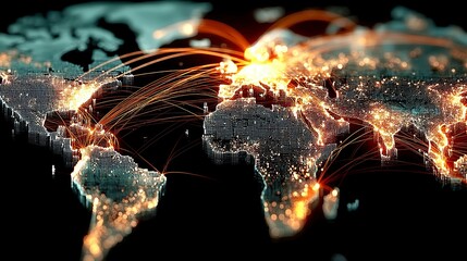 Poster - Global Connectivity Map, vibrant world map showcasing illuminated connections between major cities, emphasizing technological communication and global networks.
