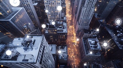 Aufkleber - High-angle view of city streets at night with interconnected network graphic overlay.