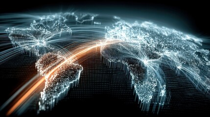 Poster - Futuristic Global Network Grid, interconnected continents illuminated by vibrant blue neon data streams, expansive overview showcasing advanced technology and digital connectivity.