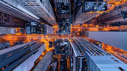 Poster - Urban cityscape at night with interconnected network.