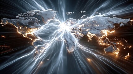 Fototapete - Futuristic Global Network, a vast interconnected grid across continents illuminated by glowing data streams in vibrant blue neon hues, designed for an expansive banner display