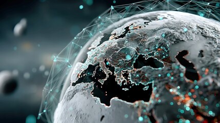 Fototapete - Digital Globe in Cyberspace, a high-tech globe surrounded by glowing interconnected nodes and data lines, set against a vast digital landscape, showcasing advanced technology and connectivity