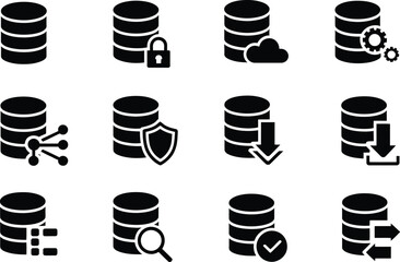 Poster - Black Database Icons Set with Padlock Cloud Gear Network Shield Download Check Arrows