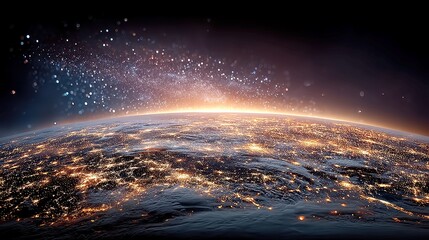 Fototapete - Digital Transformation Landscape, sweeping vista showcasing an Earth grid, cascading data code, pulsating global connectivity, emphasizing innovation across diverse industries
