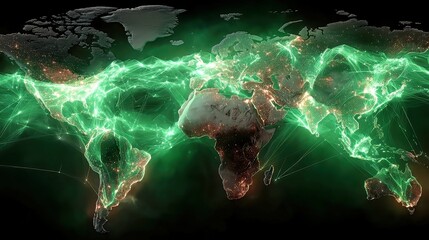 Poster - Cinematic Virtual Reality World Map, vibrant green and blue hues, glowing interconnected cloud nodes, immersive digital landscape, futuristic cyberspace exploration experience