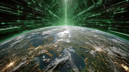 Poster - Cinematic Digital World Map in VR Cyberspace, glowing interconnected cloud nodes, vibrant green and blue hues, showcasing a futuristic and expansive digital landscape.