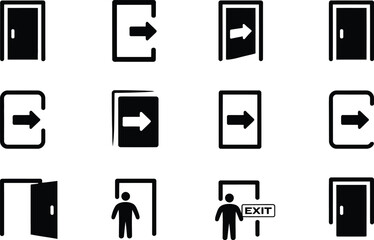 Poster - Black and White Door and Exit Icon Set arrow open