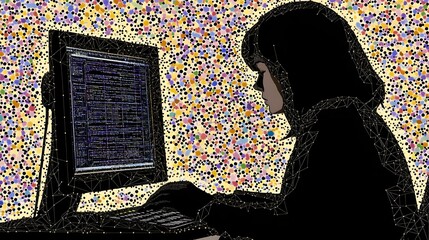 Poster - Silhouette of a person working on a computer, surrounded by colorful dots.