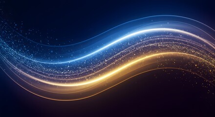 Leinwandbilder - Abstract wavy lines of light, transitioning from blue to gold, with sparkling particles against a dark background.