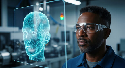 Poster - African American man in safety glasses views a digital 3D human head projection, showcasing advanced technology and biometric analysis in an industrial setting