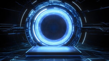 Poster - Futuristic digital portal with glowing blue light effects.