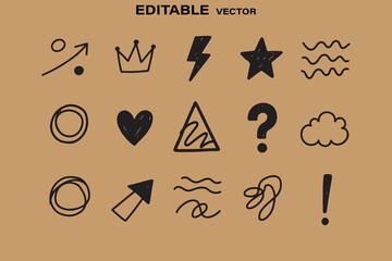 Poster - Collection of hand drawn black doodle icons including arrow crown lightning star waves circles heart triangle question cloud exclamation