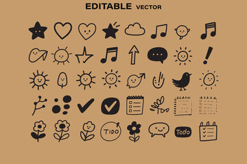 Poster - Collection of cute hand drawn doodle icons featuring stars hearts suns clouds music notes birds flowers and checklist elements