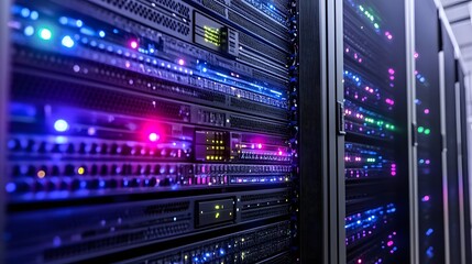 Poster - Colorful server racks illuminated with lights.
