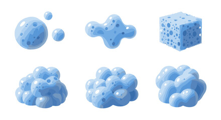 Poster - Various light blue sponge shapes including oval star cube and clustered forms on a white background