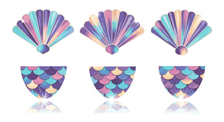 Poster - Three sets of iridescent mermaid tail and seashell designs in pastel hues arranged symmetrically