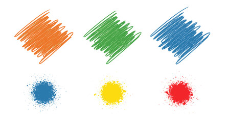 Poster - Colorful scribble patches and paint splatters arranged in two rows on a white plain background view