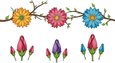 Poster - Illustration of colorful flowers on a branch with buds in various colors on a white background art design