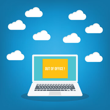 Laptop with out of office business sign