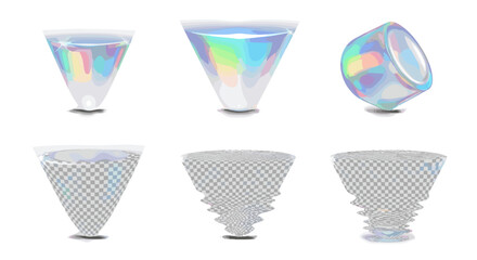 Fototapete - Collection of six stylized cone shaped containers with holographic and checkered textures shown