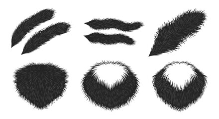 Poster - Collection of black fur elements including strips tufts and beard shapes on a white background art