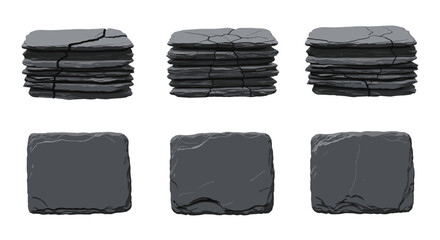 Poster - A collection of stacked and single dark gray stone slabs with rough textures and cracked surfaces displayed