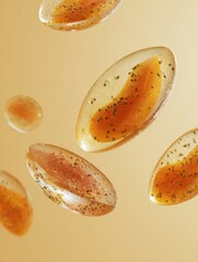 Poster - Floating Transparent Papaya Slices in Golden Gel Create a Minimal Visual Experience With Untouched Space