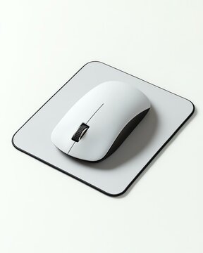 mouse on minimal mouse pad, bright white background, visually balanced mockup, productinuse concept