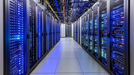 Poster - Server racks with glowing blue lights in a data center.