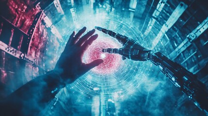 Poster - A human hand and a robotic arm interact with a digital sphere.
