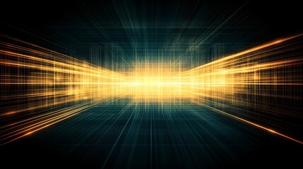 Poster - Dynamic perspective of a glowing, gridded tunnel.