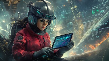 Poster - Woman in futuristic space suit working on a tablet.