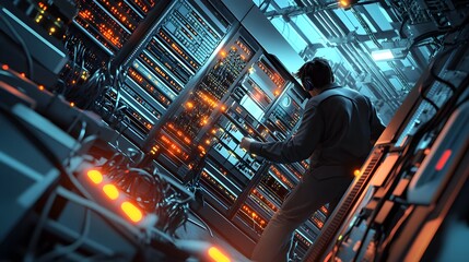 Poster - Technician works within a server rack room.