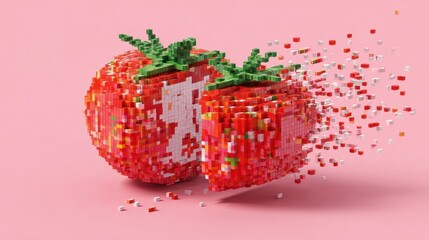 Poster - Realistic 3D Tomato Split Into Pixelated Blocks Showcasing Tech-Art Style With a Clean Side Margin on a Pink Background