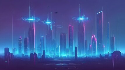 Poster - Futuristic cityscape at night with glowing lines.