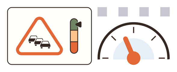 Poster - Traffic alert triangle with cars inside, congestion level gauge, and speedometer needle. Ideal for transportation, safety, navigation, traffic management, urban planning, car systems simple flat