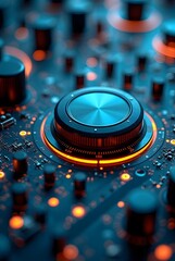 Poster - A closeup shot reveals a sleek, metallic control knob glowing with warm orange accents on a dark blue circuit board, vertical composition. This vibrant image showcases intricate technological detail.