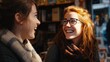 © Antonio  - Serendipity Day. Two strangers laughing together after bumping into each other at a bookshop, candid joyful moment, natural lighting, cozy urban environment