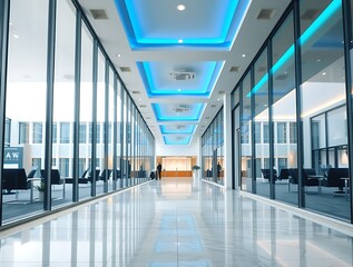 Fototapete - Illuminated interior hallway with glass walls presents a modern, spacious architectural design ideal for office, hotel, or corporate settings.