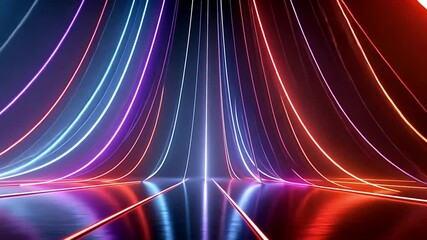 Poster - Glowing lines converging on a reflective surface in shades of blue and red against a black background