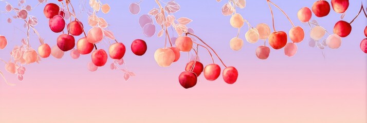 Poster - Cherries Hanging Against a Soft Pastel Background With Line-Drawings and Gradient Fill in a Clean Layout