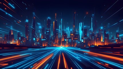 Poster - Futuristic cityscape at night with vibrant light trails.