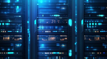Poster - Close-up view of a server rack with glowing lights.