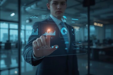 Poster - Businessman interacts with advanced data dashboard, leveraging modern technology in a sophisticated office setting.