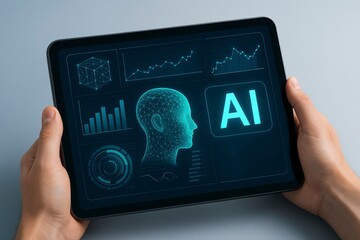 Poster - Man holds a tablet displaying artificial intelligence technology and digital graphs for business and automation.