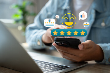 Canvas Print - Experience excellent customer service, User give five star rating on online application, Positive feedback, Happy, Smiley face icon. Customer Reviews in Digital Survey, Satisfaction.