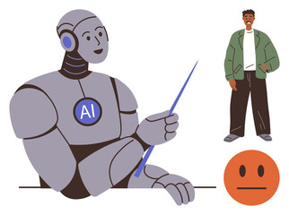 Poster - Humanoid AI robot pointing with a stick, engaging with a casually dressed human and a neutral face emotion. Ideal for AI, human interaction, education, communication, robotics, technology, workplace
