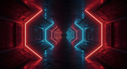 Leinwandbilder - A futuristic tunnel with glowing red and blue neon octagonal frames receding into the distance, creating a sense of depth and technological advancement.
