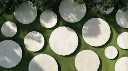 Poster - Round white platforms of varying sizes cast shadows on a vibrant green surface, adorned with lush trees, creating a visually appealing and serene scene